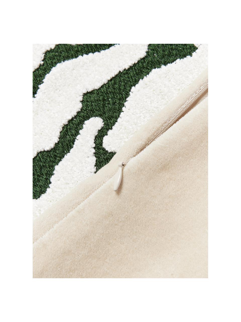 Housse de coussin en velours avec sapin brodé Amara, Beige clair, blanc, vert foncé, larg. 50 x long. 50 cm