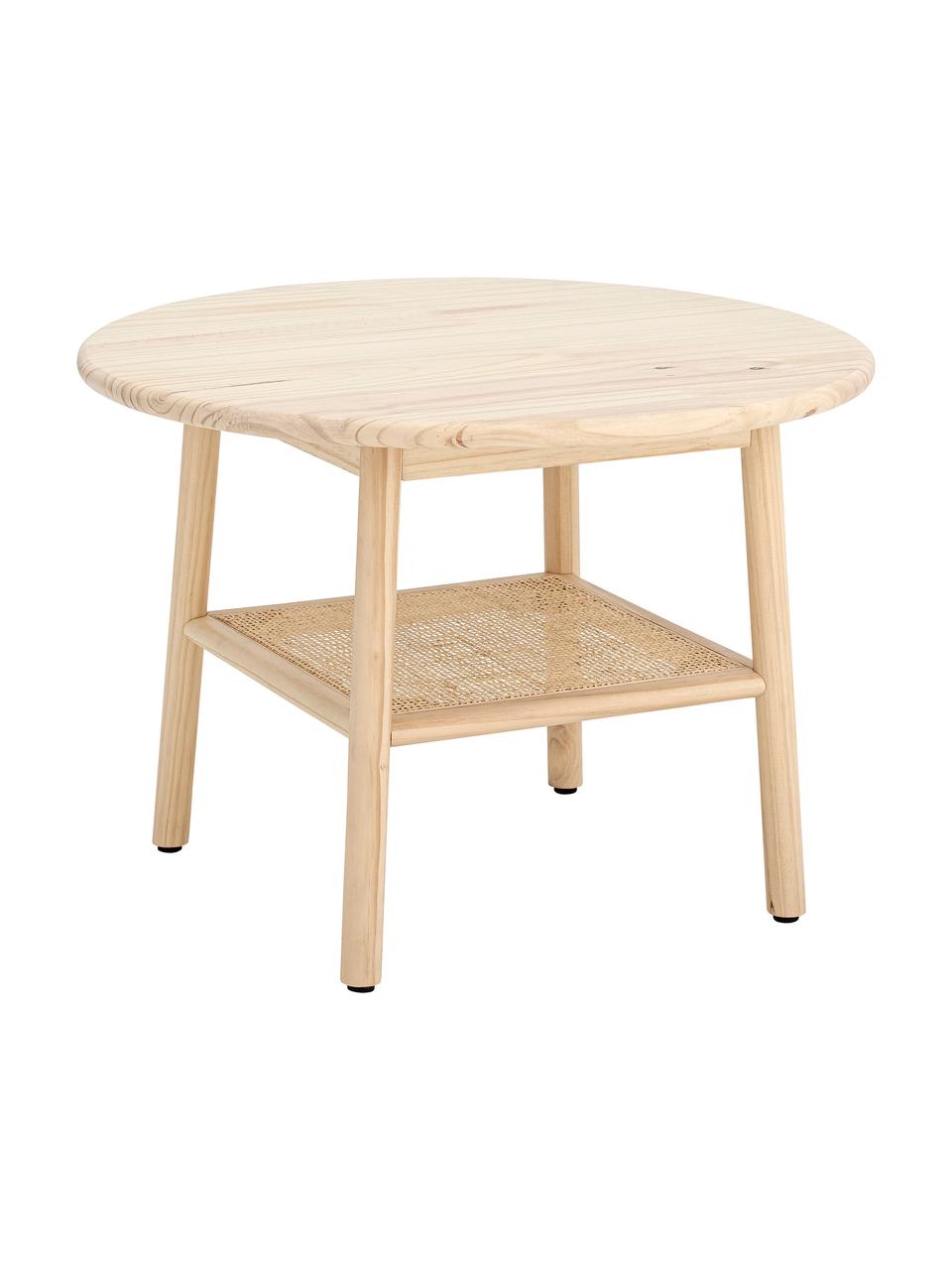 Mesa de centro de madera Camma, Tablero: madera de pino, Estructura: madera de pino, Estante: ratán, Beige, Ø 60 x Al 42 cm