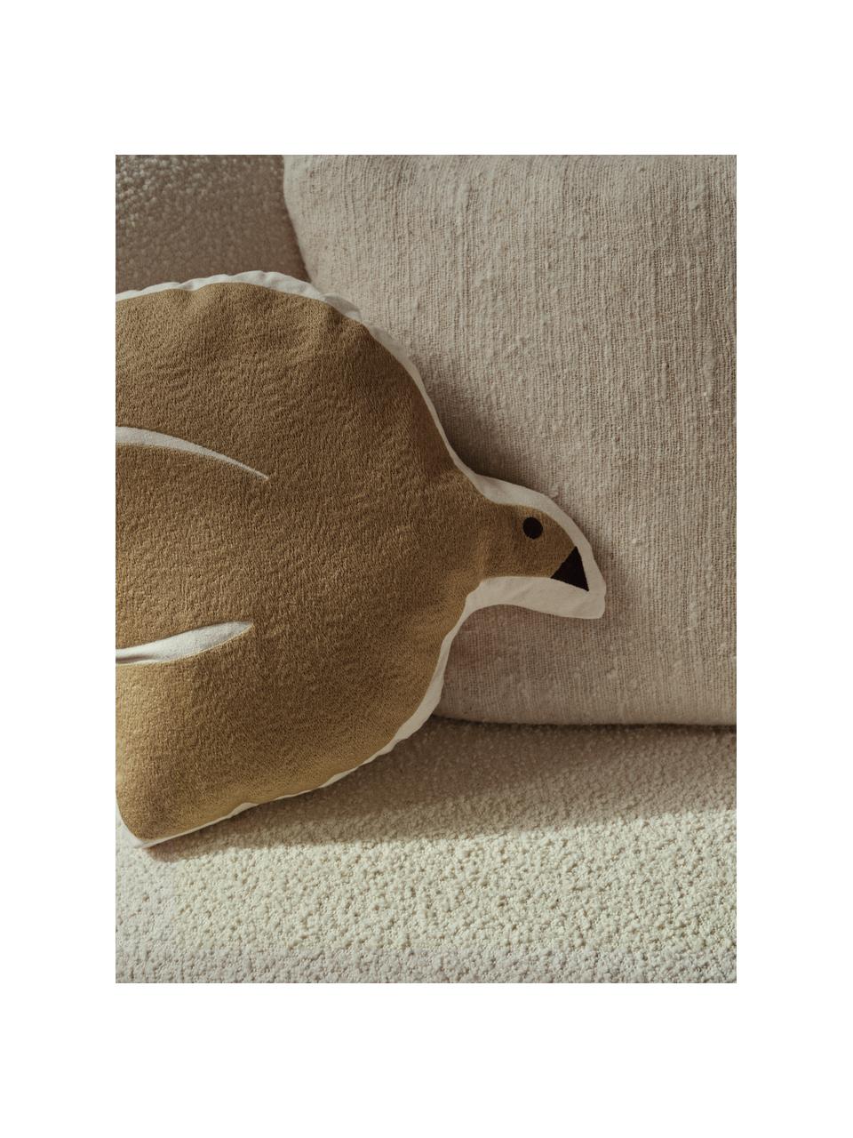 Coussin brodé en coton bio Swif Bird, Jaune moutarde, blanc cassé, larg. 40 x long. 40 cm