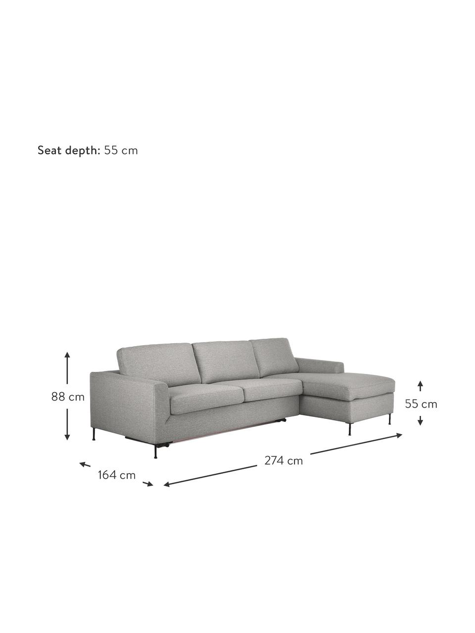 Canapé convertible 3 places avec matelas Cucita, Tissu gris clair, larg. 274 x prof. 164 cm, méridienne à droite