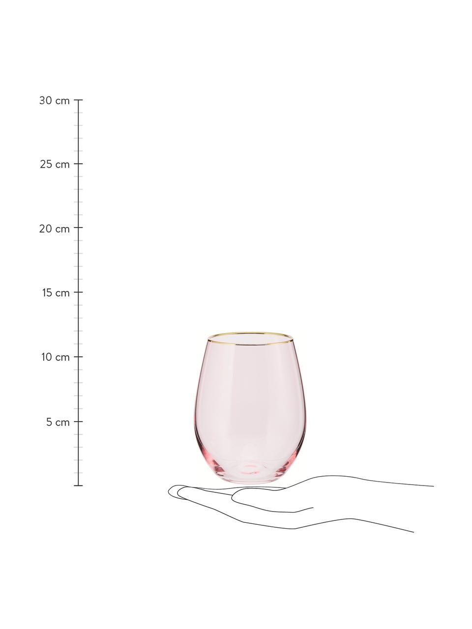Waterglazen Chloe in roze met goudkleurige rand, 4 stuks, Glas, Perzikkleurig, goudkleurig, Ø 9 x H 12 cm, 600 ml