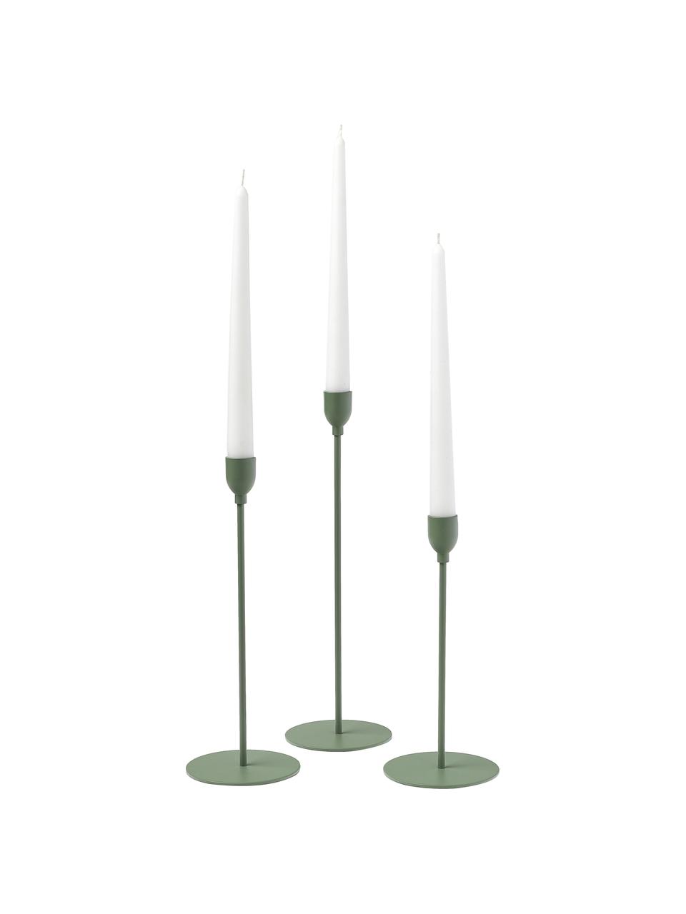 Set de candelabro Malte, 3 uds., Metal recubierto, Verde, Set de diferentes tamaños