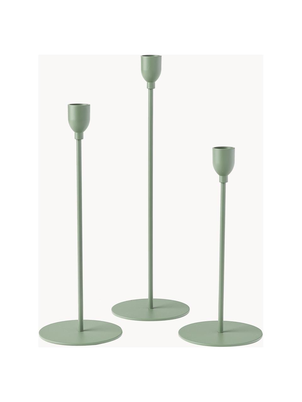 Set de candelabro Malte, 3 uds., Metal recubierto, Verde, Set de diferentes tamaños