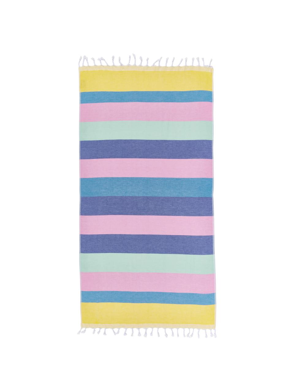 Fouta à rayures Holidays, Coton, grammage léger, 210 g/m², Jaune, bleu, rose vif, vert, violet, larg. 90 x long. 180 cm