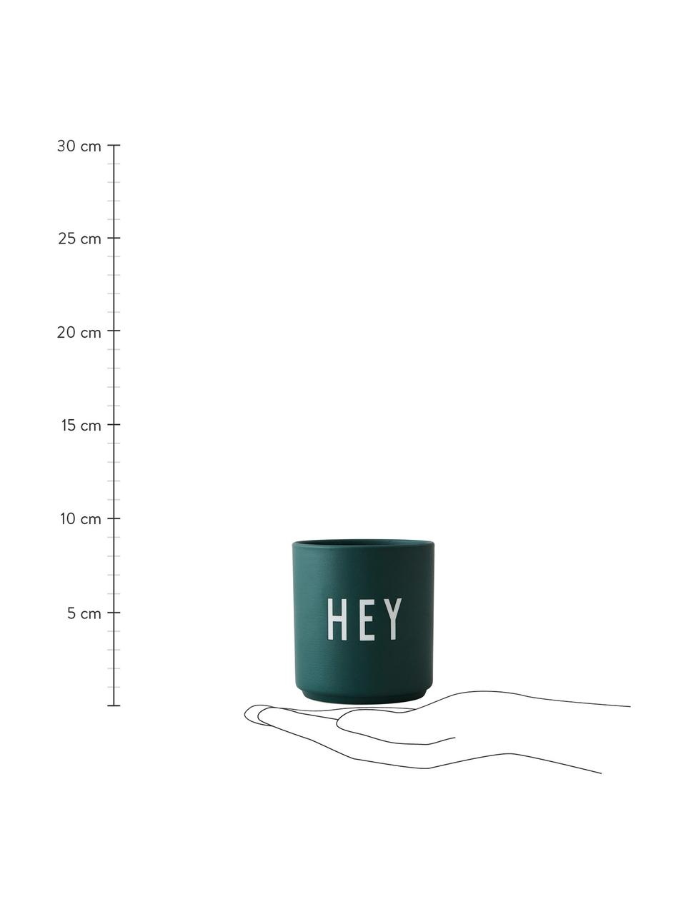 Design Becher Favourite HEY mit Schriftzug, Fine Bone China (Porzellan)
Fine Bone China ist ein Weichporzellan, das sich besonders durch seinen strahlenden, durchscheinenden Glanz auszeichnet., Dunkelgrün (Hey), Ø 8 x H 9 cm, 250 ml