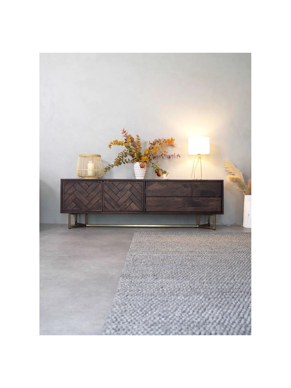 Visgraat tv-meubel Luca met deuren van massief hout, Frame: gecoat metaal, Mangohout, goudkleurig, B 180 x H 54 cm