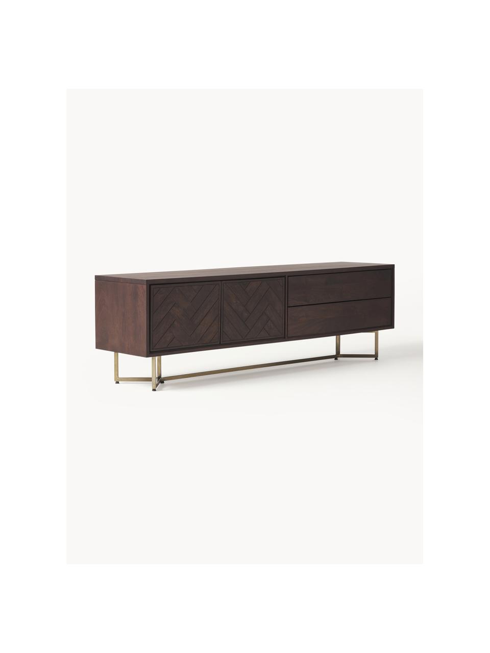 Credenza bassa in legno di mango con motivo a spina di pesce Luca, Struttura: metallo rivestito Questo , Legno di mango, dorato, Larg. 180 x Prof. 56 cm