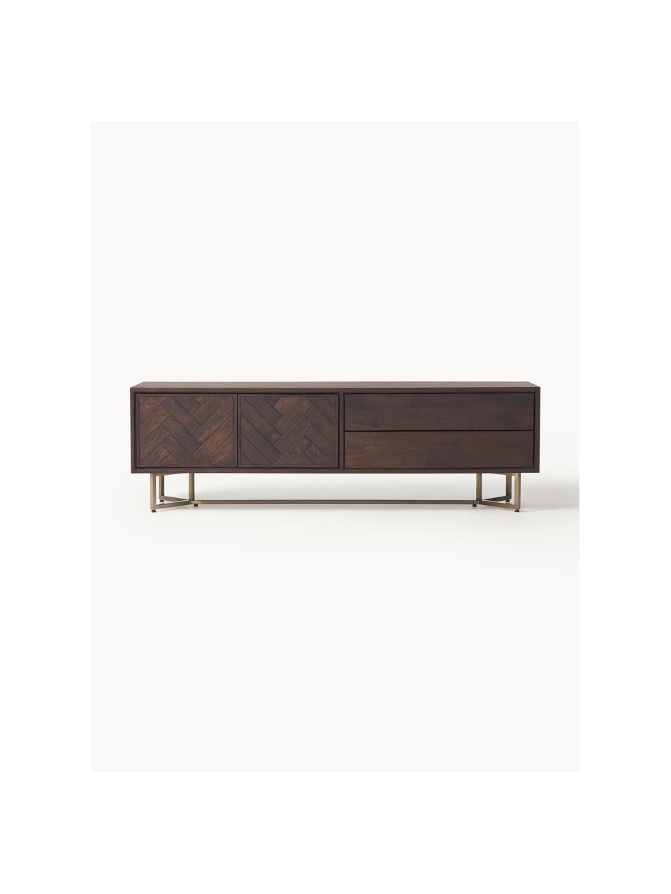 Tv-meubel Luca  van mangohout met visgraat-patroon, Frame: gecoat metaal Dit product, Mangohout, goudkleurig, B 180 x H 56 cm