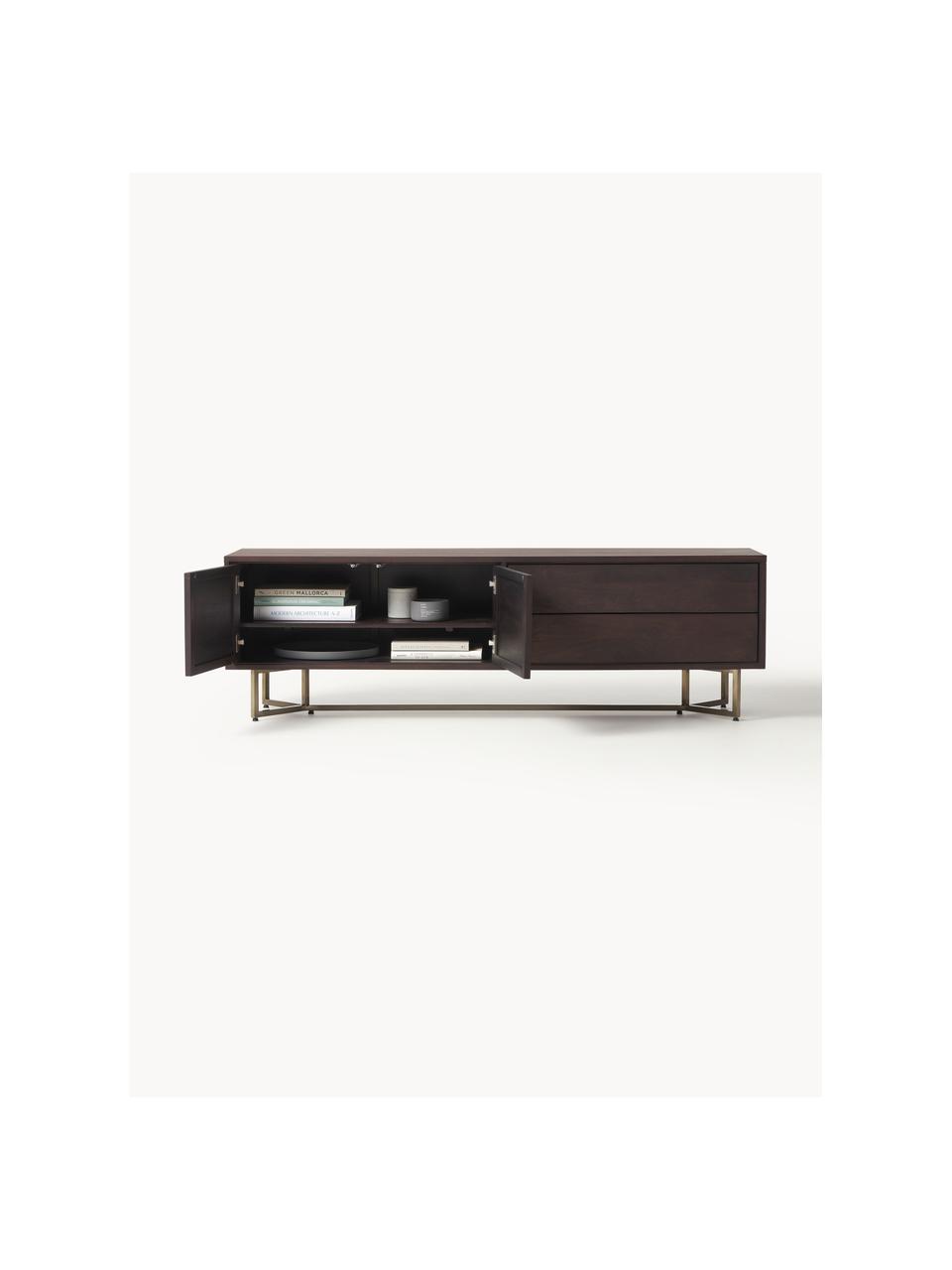 Tv-meubel Luca  van mangohout met visgraat-patroon, Frame: gecoat metaal Dit product, Mangohout, goudkleurig, B 180 x H 56 cm