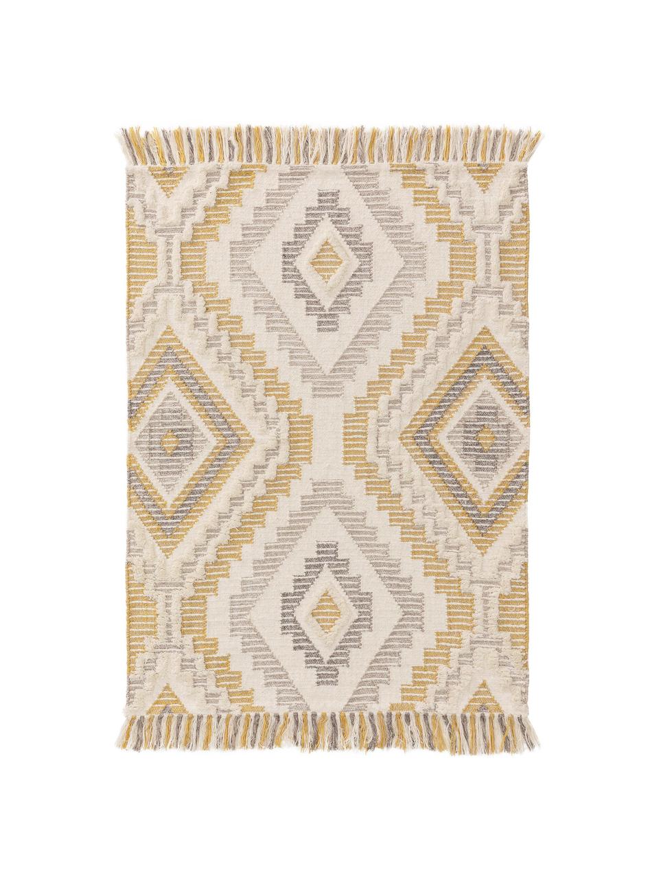 Tapis en laine jaune gris ethnique Wanda, Jaune, gris, crème