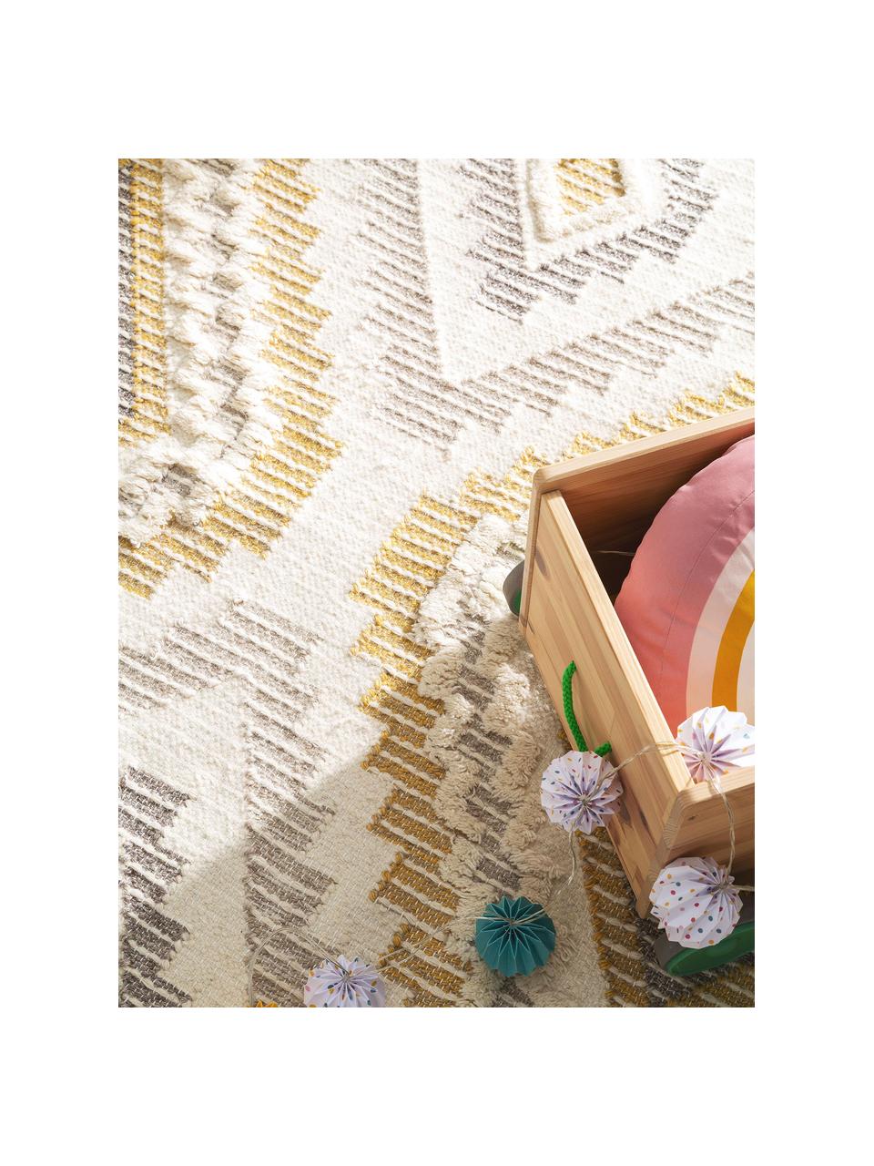 Alfombra de lana con flecos Wanda, estilo boho, 70% lana, 30% poliéster

Las alfombras de lana se pueden aflojar durante las primeras semanas de uso, la pelusa se reduce con el uso diario, Amarillo, gris, crema, An 80 x L 120 cm (Tamaño XS)