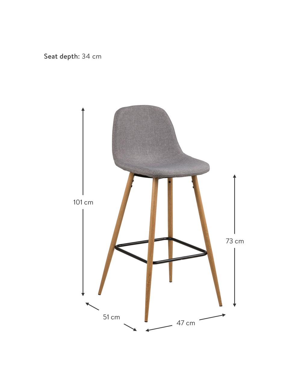 Sedia da bar grigia Wilma, Gambe: metallo con decoro in que, Rivestimento: poliestere, Gambe: quercia, Poggiapiedi: nero, Rivestimento: grigio chiaro, Larg. 47 x Alt. 101 cm