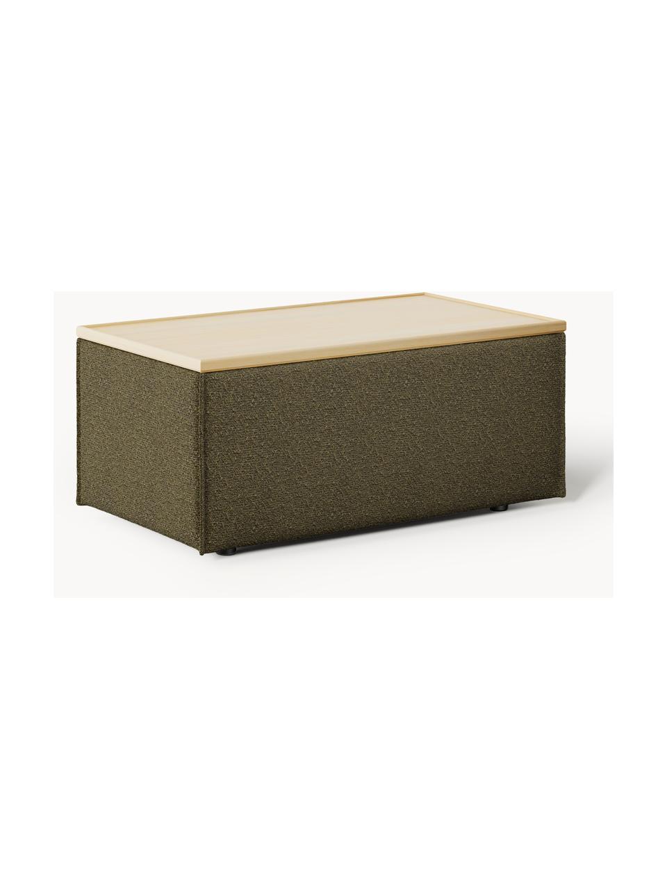 Sofa-Hocker Lennon aus Bouclé mit Stauraum, Bezug: Bouclé (80 % Polyester, 2, Tablett: Eichenholz, Spannplatte m, Gestell: Spanplatte, mitteldichte , Füße: Kunststoff Dieses Produkt, Bouclé Olivgrün, helles Eichenholz, B 88 x T 50 cm