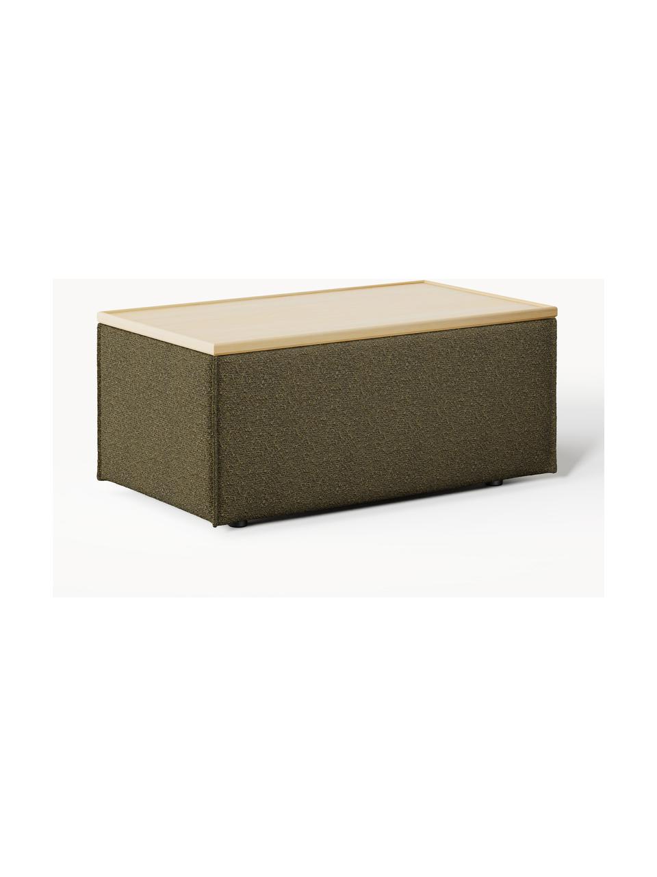 Sofa-Hocker Lennon aus Bouclé mit Stauraum, Bezug: Bouclé (80 % Polyester, 2, Tablett: Eichenholz, Spannplatte m, Gestell: Spanplatte, mitteldichte , Füße: Kunststoff Dieses Produkt, Bouclé Olivgrün, helles Eichenholz, B 88 x T 50 cm