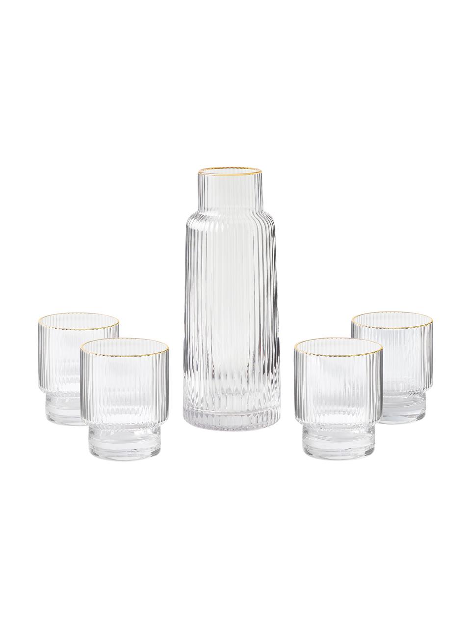 Set de jarra y vasos artesanales con relive Minna, 5 pzas., Vidrio soplado artesanalmente, Transparente, dorado, Ø 10 x Al 25 cm