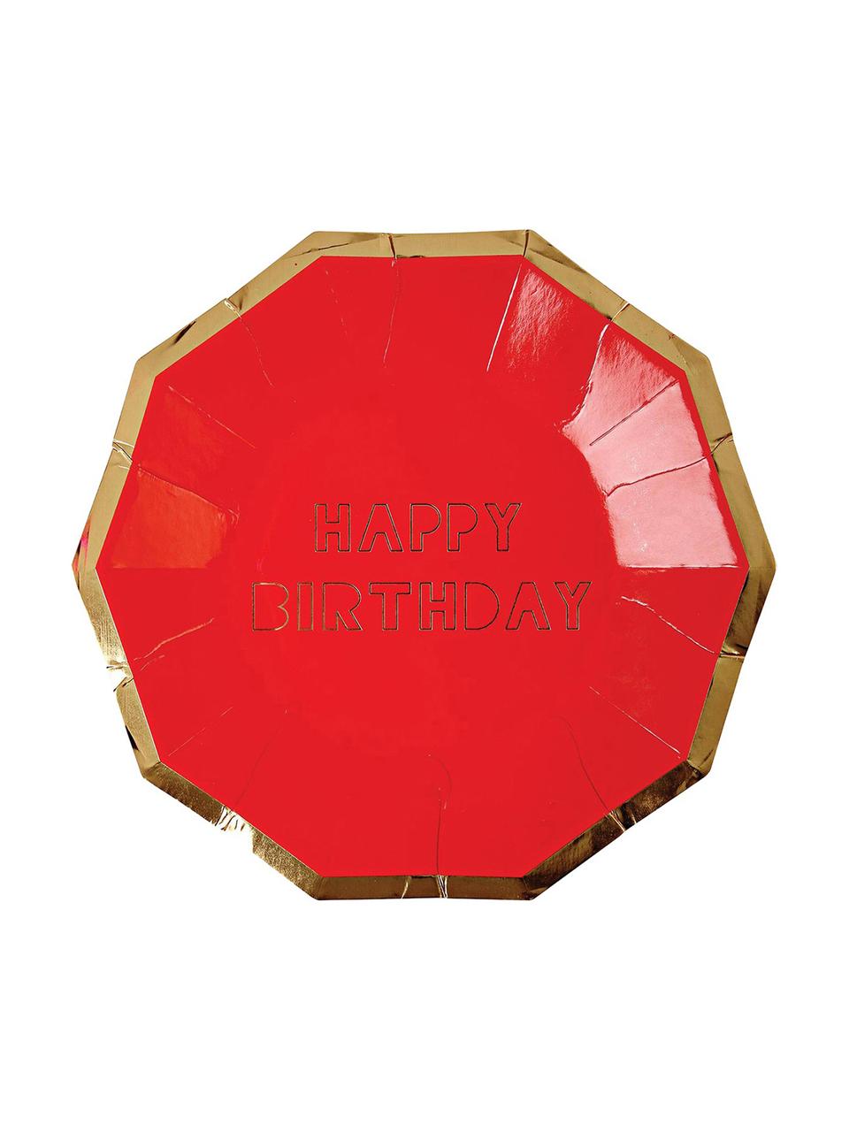 Papp-Teller Happy Birthday, 16 Stück, Papier, beschichtet, Rot, Goldfarben, 19 x 19 cm