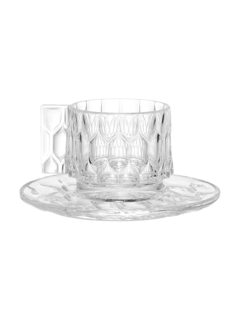 Koffiekopjes met schoteltjes Jellies met structuurpatroon, 4 stuks, Kunststof, Transparant, Ø 6 x H 7 cm, 90 ml