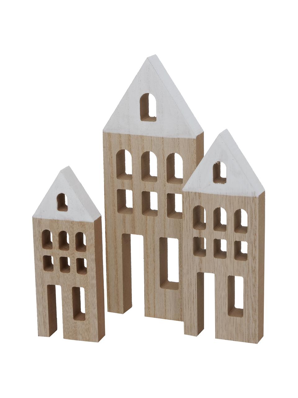 Decoratieve huisjes Towny van hout, 6 stuks, Gecoat MDF, Beige, wit, Set met verschillende formaten