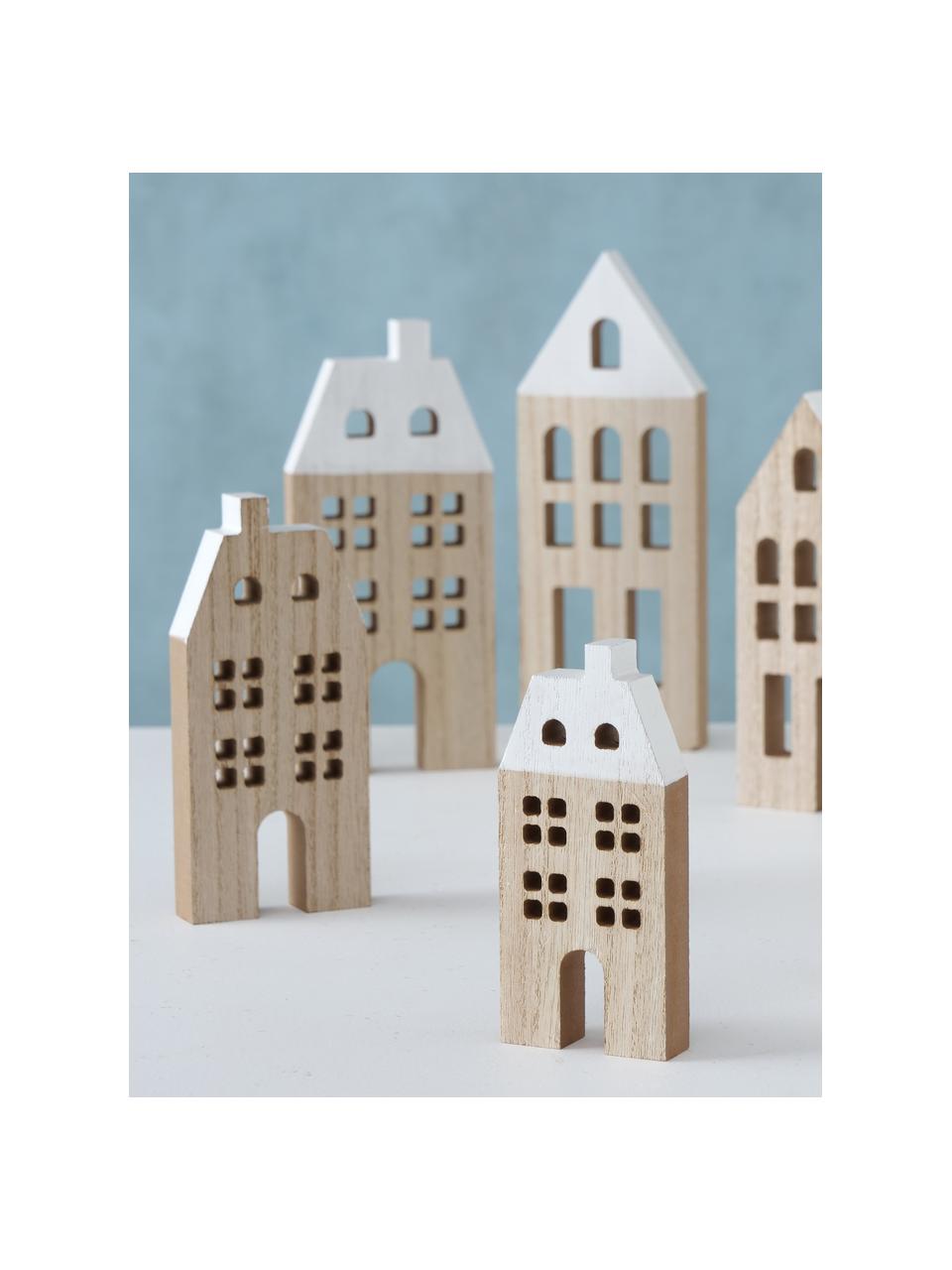 Deko-Häuser Towny aus Holz, 6 Stück, Mitteldichte Holzfaserplatte, beschichtet, Helles Holz, Weiss, Set mit verschiedenen Grössen