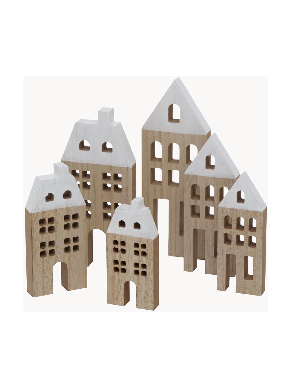 Deko-Häuser Towny aus Holz, 6 Stück, Mitteldichte Holzfaserplatte, beschichtet, Helles Holz, Weiss, Set mit verschiedenen Grössen