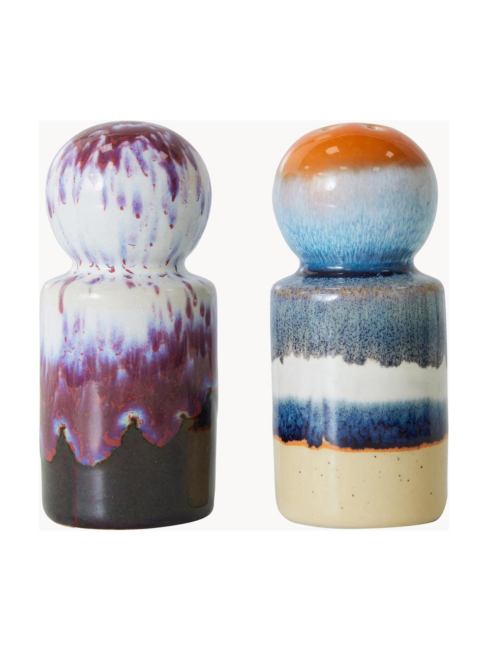 Handbeschilderde zout- en peperstrooier 70's met reactief glazuur, set van 2, Keramiek, Meerkleurig, Ø 5 x H 10 cm