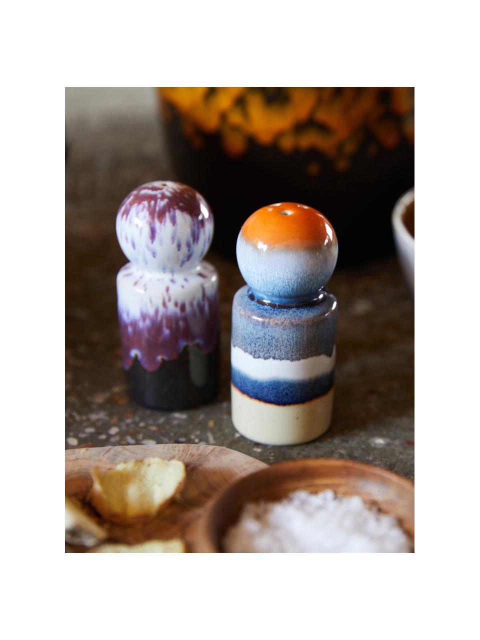 Handbeschilderde zout- en peperstrooier 70's met reactief glazuur, set van 2, Keramiek, Meerkleurig, Ø 5 x H 10 cm