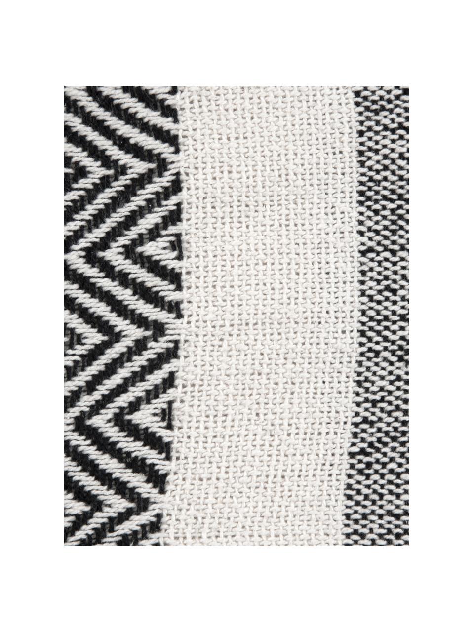 Baumwolldecke Maggie im Streifendesign mit Pompoms, 100% Baumwolle, Schwarz, Beige, 130 x 170 cm