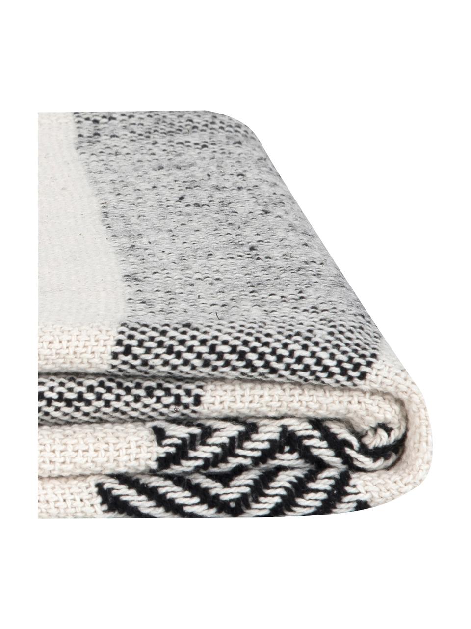 Baumwolldecke Maggie im Streifendesign mit Pompoms, 100% Baumwolle, Schwarz, Beige, 130 x 170 cm