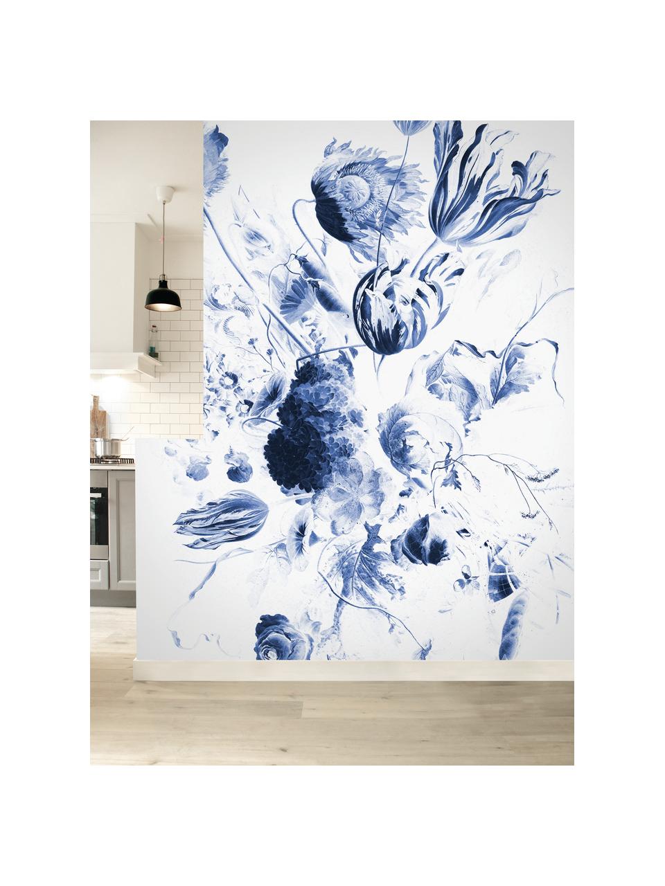 Fotomural Royal Blue Flowers, Tejido no tejido, ecológica y biodegradable, Azul, blanco, mate, An 196 x Al 280 cm