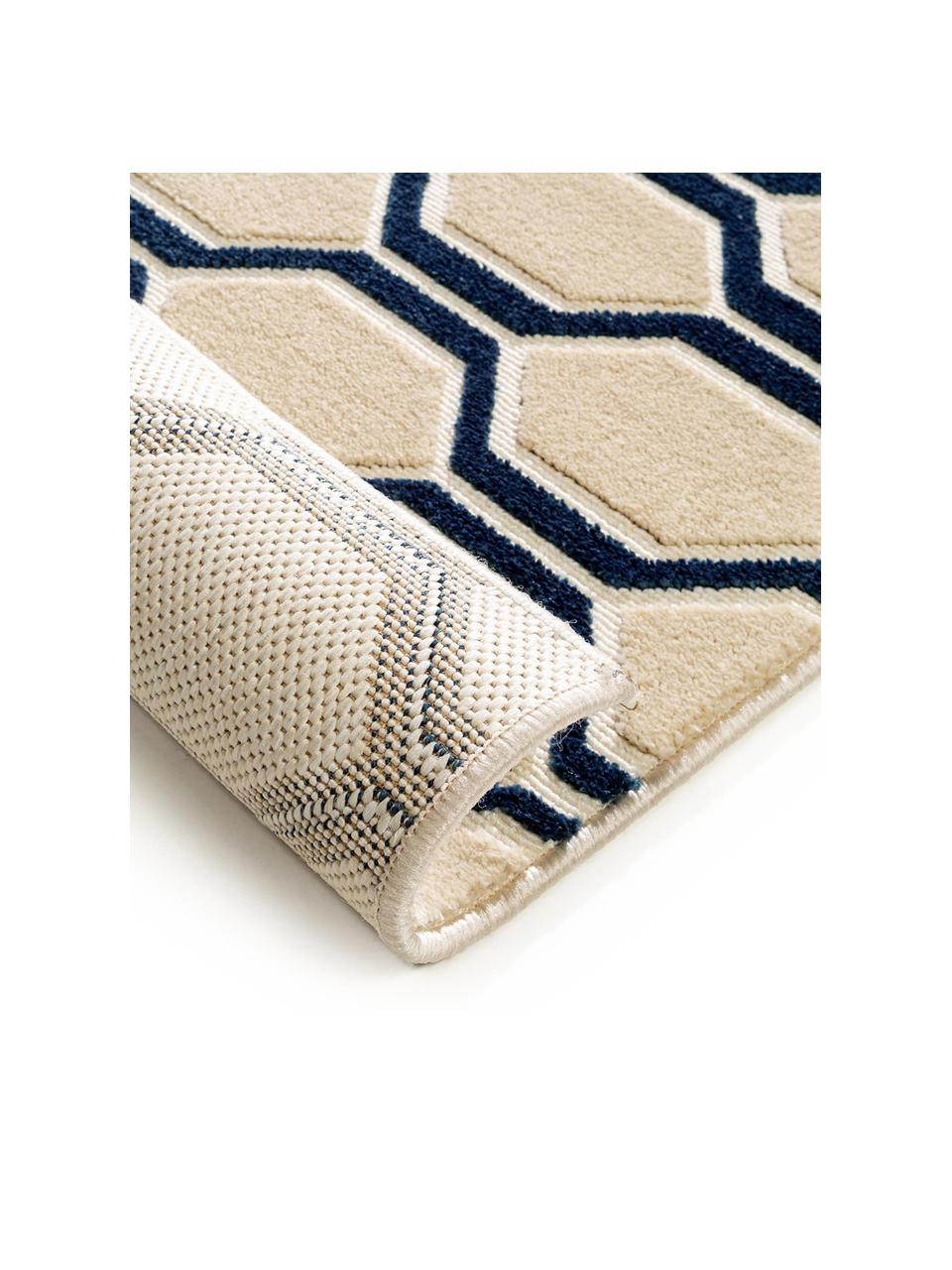 Vloerkleed Diamond Key met hoog-laag effect in donkerblauw-beige, Bovenzijde: polypropyleen, Onderzijde: 70% jute, 30% kunstlatex, Donkerblauw, beige, B 240 x L 340 cm (Maat XL)