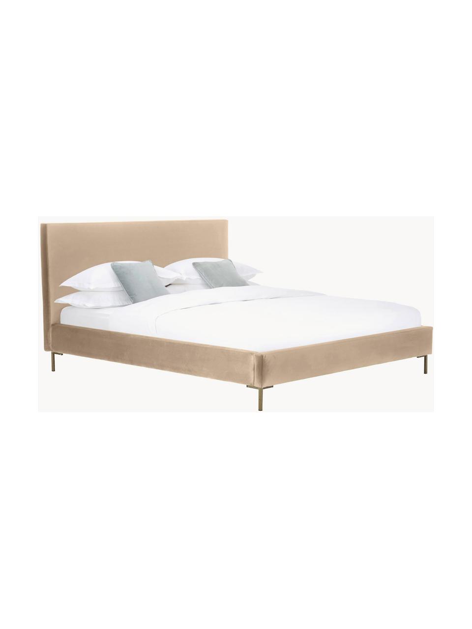 Gestoffeerd fluwelen bed Peace, Bekleding: polyester fluweel, Frame: massief grenenhout en pla, Poten: gepoedercoat metaal Dit p, Fluweel beige, B 140 x L 200 cm