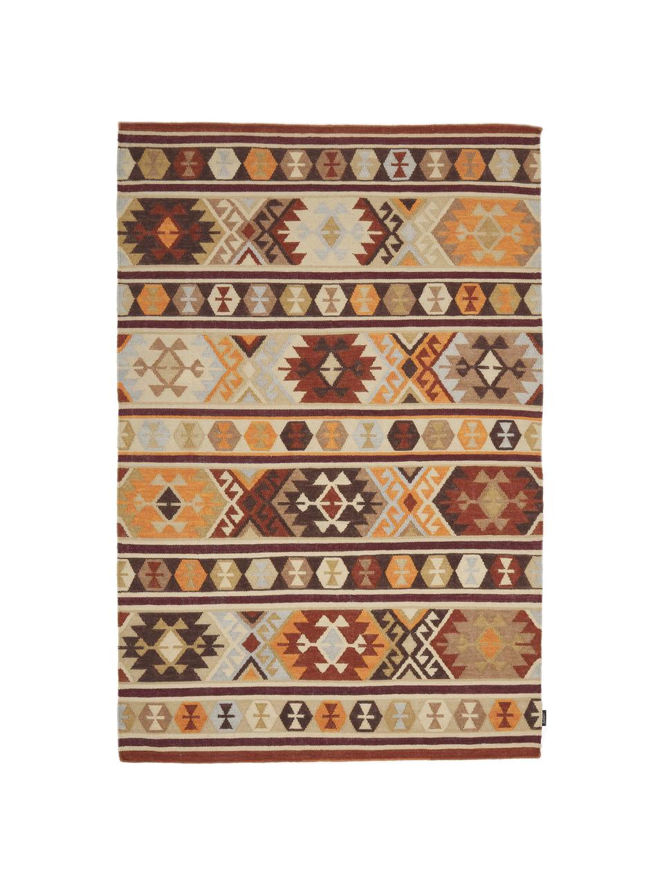 Ręcznie tkany dywan kilim z wełny Malu, 100% wełna

Włókna dywanów wełnianych mogą nieznacznie rozluźniać się w pierwszych tygodniach użytkowania, co ustępuje po pewnym czasie, Brązowy, beżowy, żółty, S 120 x D 180 cm (Rozmiar S)