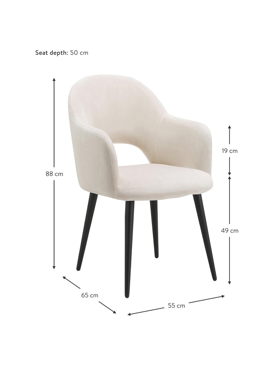 Sedia con braccioli Rachel, Rivestimento: velluto (rivestimento in , Gambe: metallo verniciato a polv, Velluto bianco crema, Larg. 55 x Prof. 65 cm