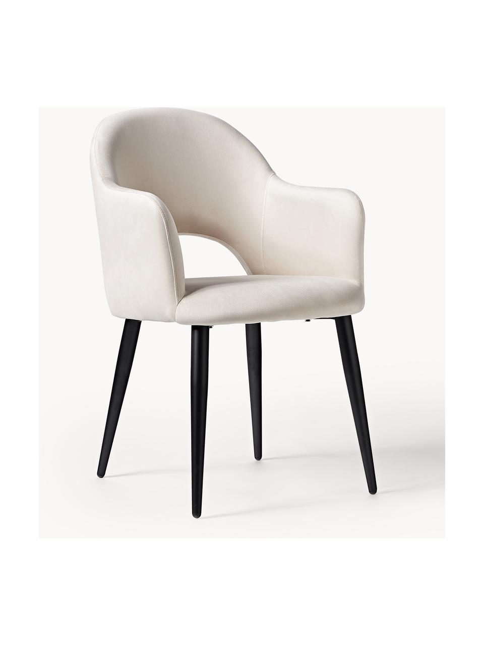 Krzesło z podłokietnikami z aksamitu Rachel, Tapicerka: aksamit (wysokiej jakości, Nogi: metal malowany proszkowo, Jasnobeżowy aksamit, S 55 x G 65 cm