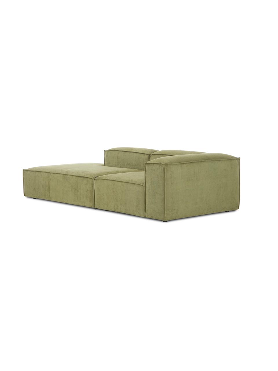 Chaise longue componibile in velluto a coste Lennon, Rivestimento: velluto a coste (92% poli, Struttura: legno di pino massiccio, , Piedini: plastica, Velluto a coste verde oliva, Larg. 269 x Prof. 119 cm, schienale a destra