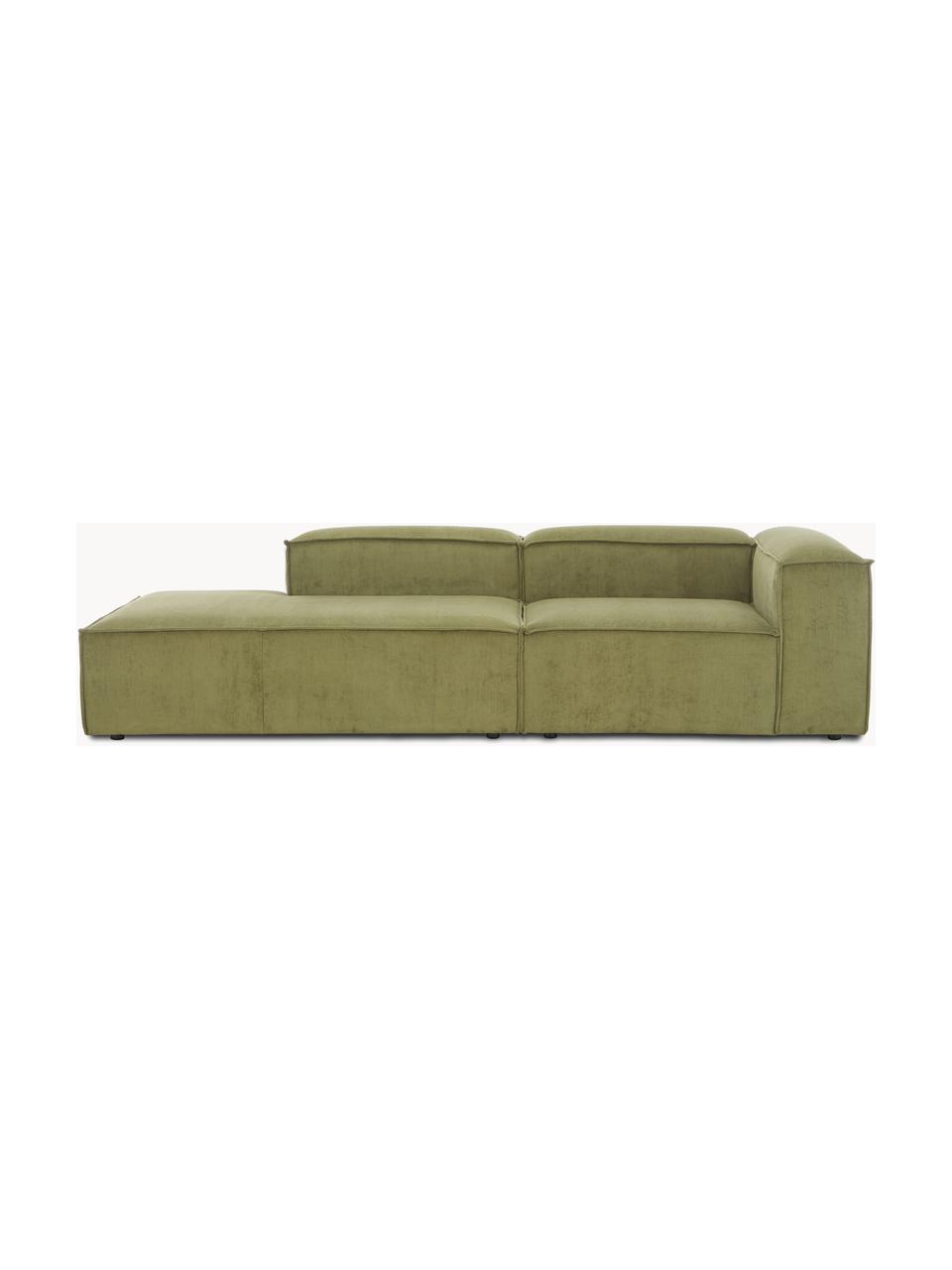 Chaise longue componibile in velluto a coste Lennon, Rivestimento: velluto a coste (92% poli, Struttura: legno di pino massiccio, , Piedini: plastica Questo prodotto , Velluto a coste verde oliva, Larg. 269 x Prof. 119 cm, schienale a destra