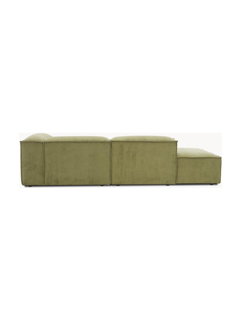 Chaise longue componibile in velluto a coste Lennon, Rivestimento: velluto a coste (92% poli, Struttura: legno di pino massiccio, , Piedini: plastica Questo prodotto , Velluto a coste verde oliva, Larg. 269 x Prof. 119 cm, schienale a destra