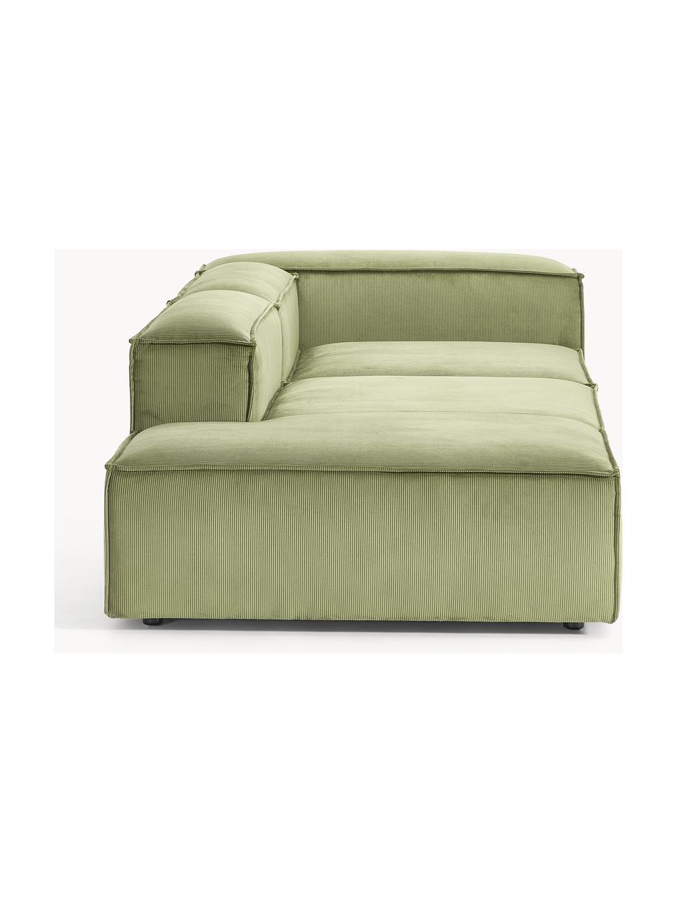 Chaise longue componibile in velluto a coste Lennon, Rivestimento: velluto a coste (92% poli, Struttura: legno di pino massiccio, , Piedini: plastica Questo prodotto , Velluto a coste verde oliva, Larg. 269 x Prof. 119 cm, schienale a destra