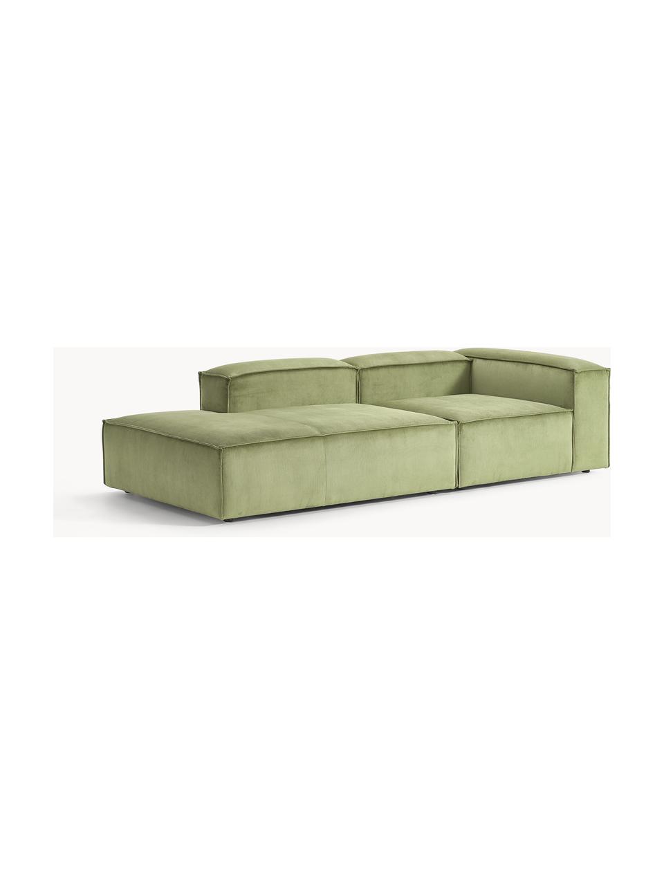 Chaise loungue componibile in velluto a coste Lennon, Rivestimento: velluto a coste (92% poli, Struttura: legno di pino massiccio, , Piedini: plastica Questo prodotto , Velluto a coste verde oliva, Larg. 269 x Prof. 119 cm, schienale a destra