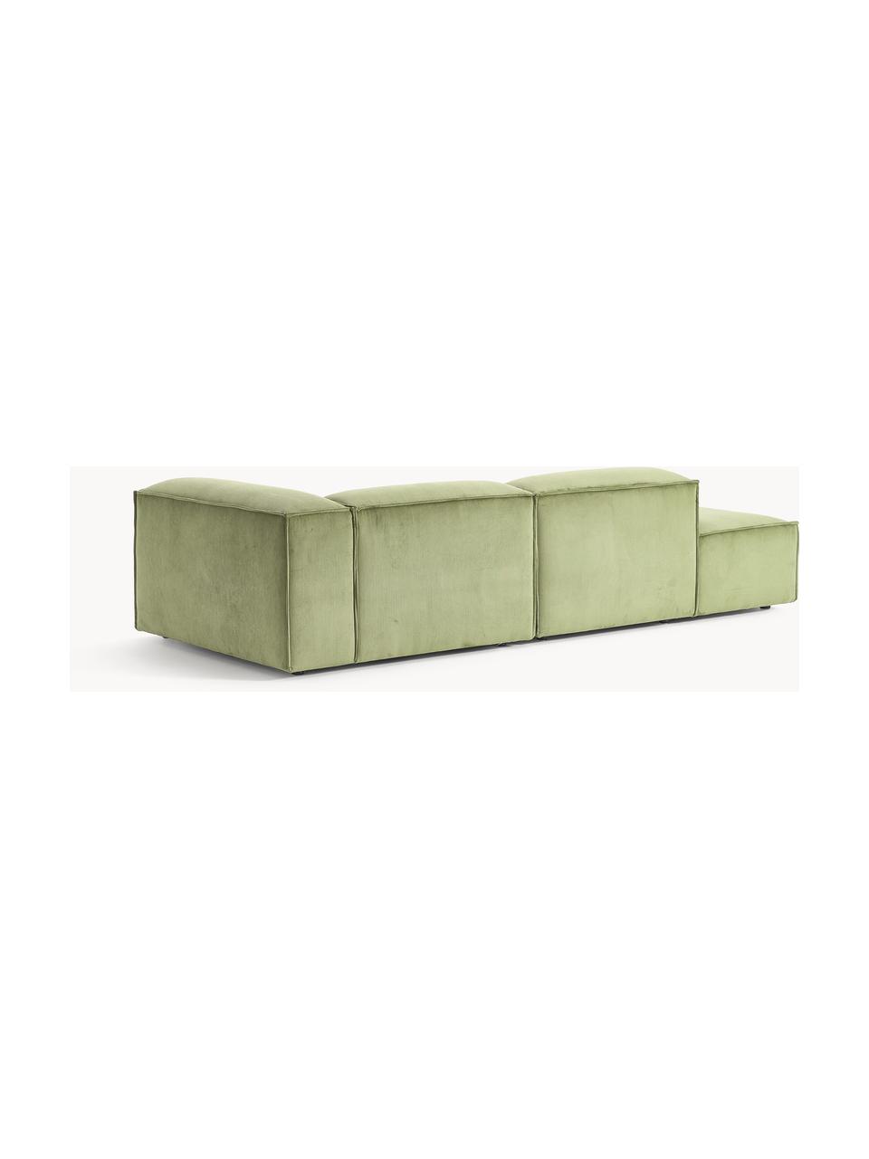 Chaise longue componibile in velluto a coste Lennon, Rivestimento: velluto a coste (92% poli, Struttura: legno di pino massiccio, , Piedini: plastica Questo prodotto , Velluto a coste verde oliva, Larg. 269 x Prof. 119 cm, schienale a destra