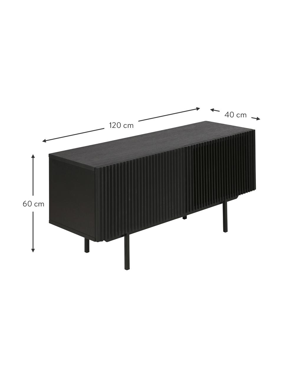 Kleines Sideboard Mojo mit geriffelter Front, Korpus: Mitteldichte Holzfaserpla, Beine: Metall, pulverbeschichtet, Schwarz, B 120 x H 60 cm
