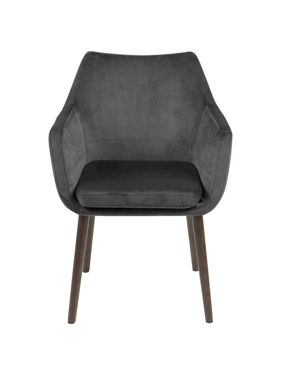 Silla con reposabrazos de terciopelo Nora, Tapizado: terciopelo de poliéster A, Patas: madera de roble curtida, Terciopelo gris oscuro, madera de roble oscura, An 58 x F 58 cm