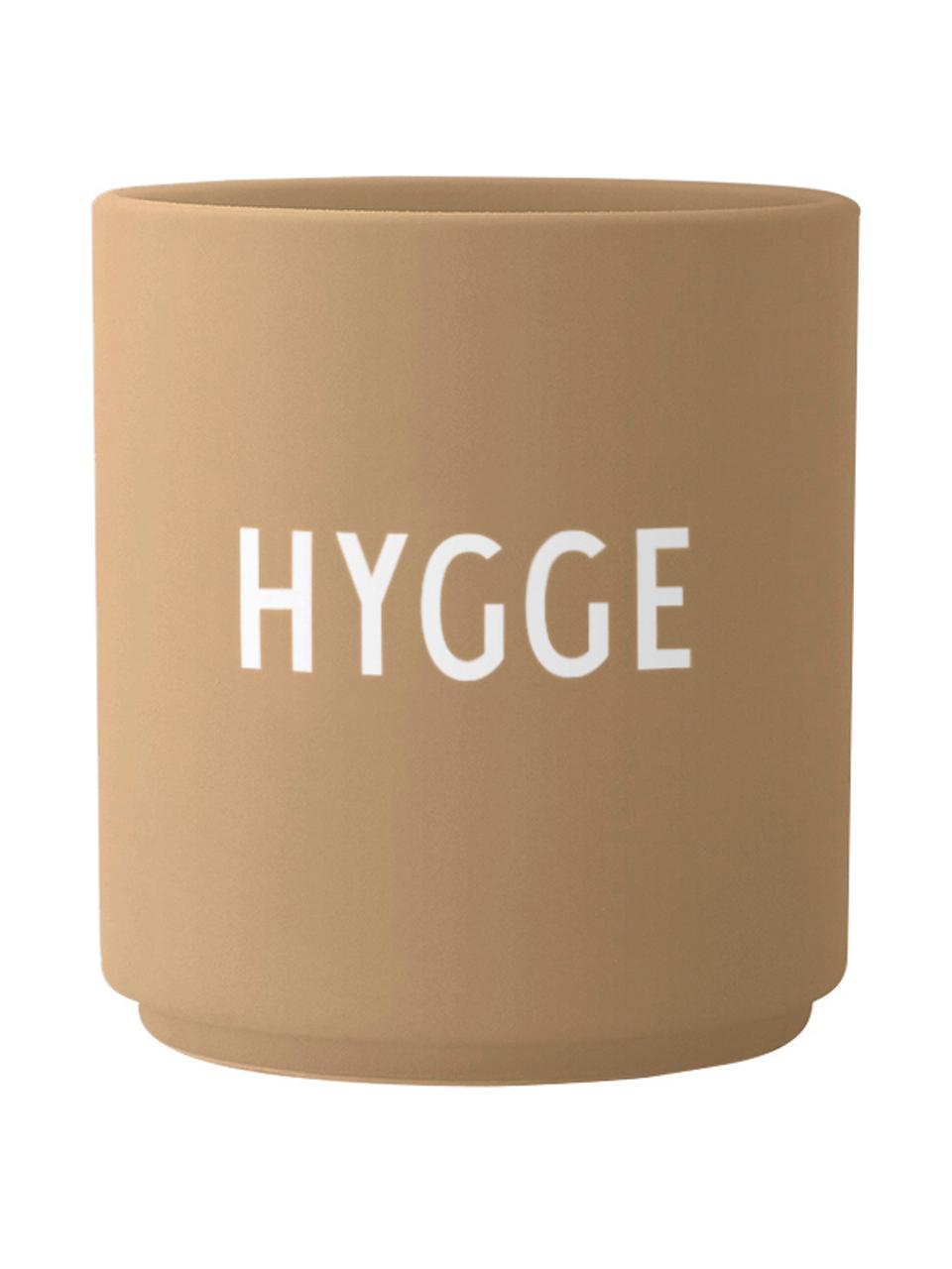 Design beker Favourite HYGGE in beige met opschrift, Fine Bone China (porselein), Beige, wit, Ø 8 x H 9 cm, 250 ml