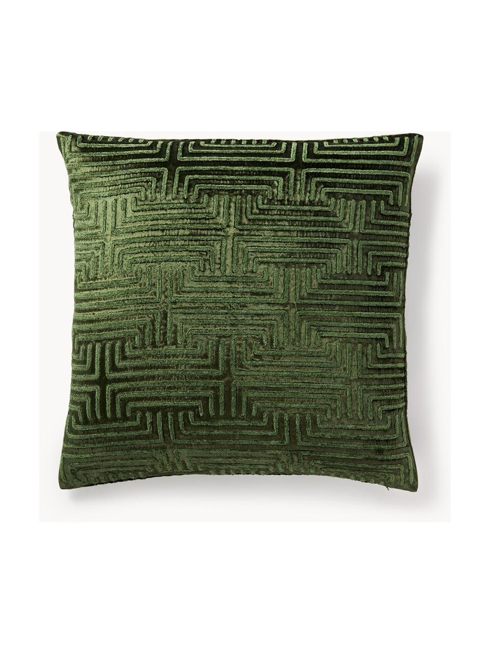 Housse de coussin 60x60 en velours avec broderie en chenille Stormi, Vert foncé, larg. 60 x long. 60 cm