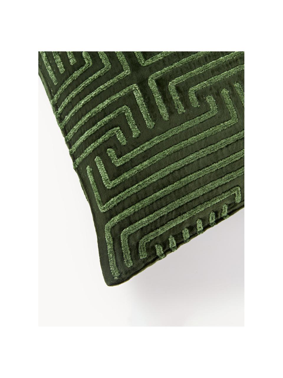 Housse de coussin 60x60 en velours avec broderie en chenille Stormi, Vert foncé, larg. 60 x long. 60 cm