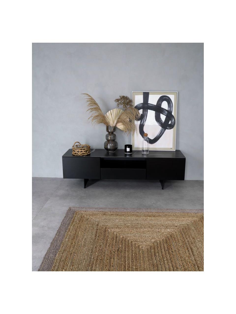 Meuble TV noir avec plateau aspect marbre Fiona, Noir, larg. 160 x haut. 46 cm