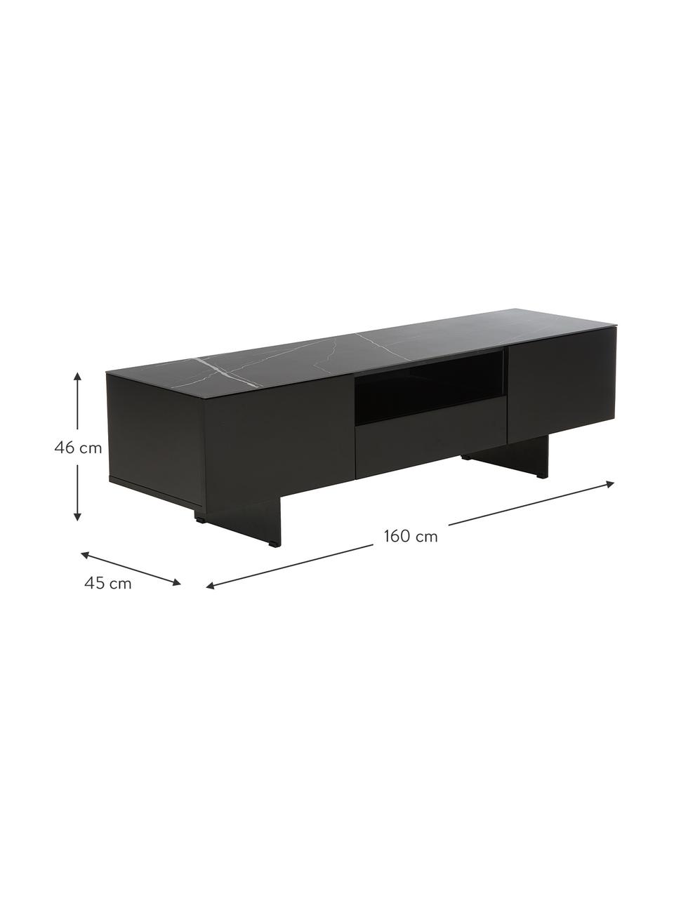 Tv-meubel Fiona met oppervlak in marmerlook, Frame: gelakt middeldichte vezep, Poten: gepoedercoat metaal, Plank: keramiek, Frame: mat zwart. Poten: mat zwart. Plank: zwart, gemarmerd, B 160 x H 46 cm