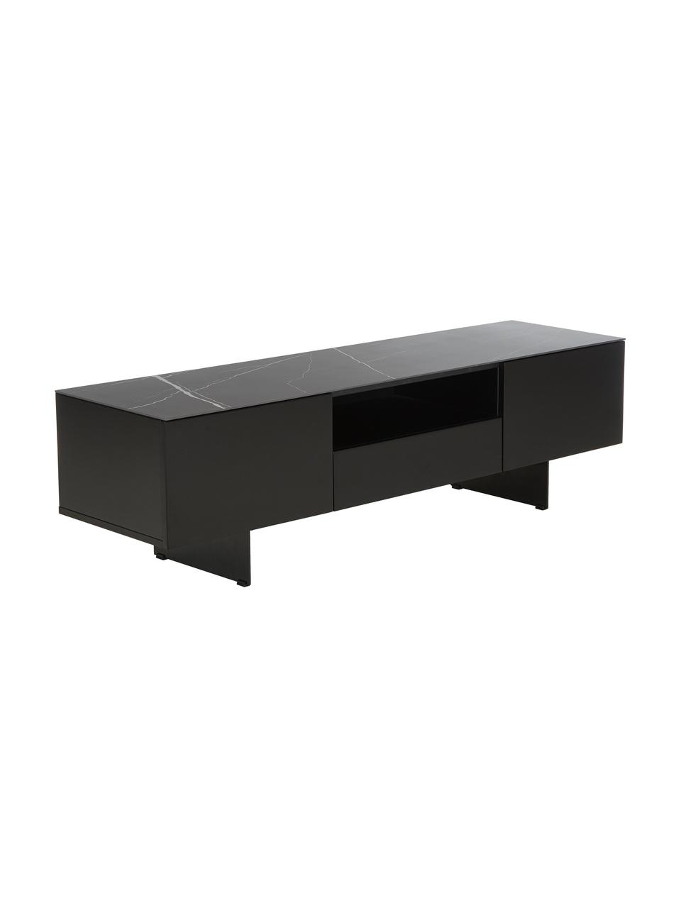 Mueble de TV Fione, con tablero en efecto mármol, Estructura: tablero de fibras de dens, Patas: metal con pintura en polv, Estante: cerámica, Negro, An 160 x Al 46 cm