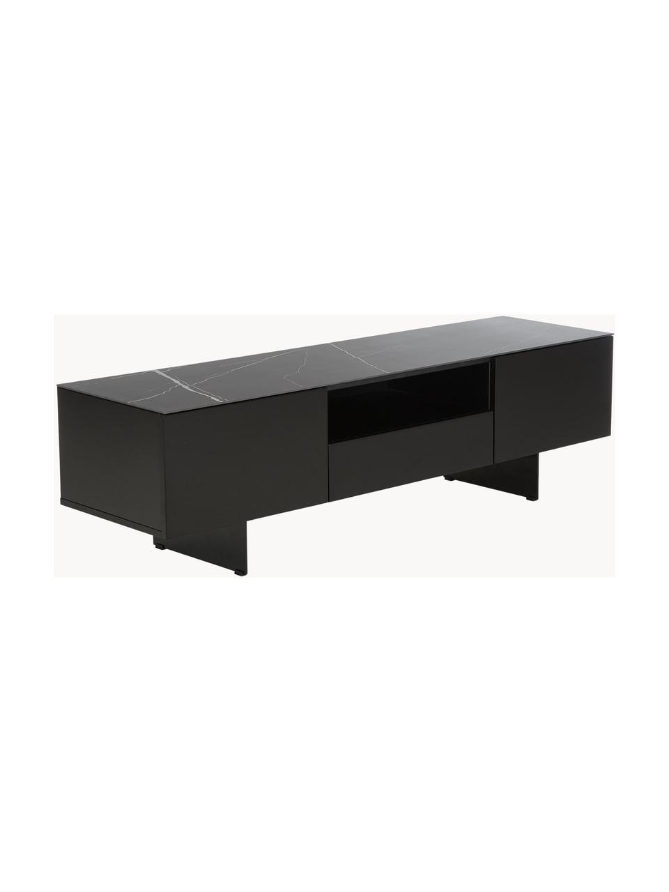 Mueble TV en mueble mármol Fione, Estructura: tablero de fibras de dens, Patas: metal con pintura en polv, Estante: cerámica, Negro, An 160 x Al 46 cm