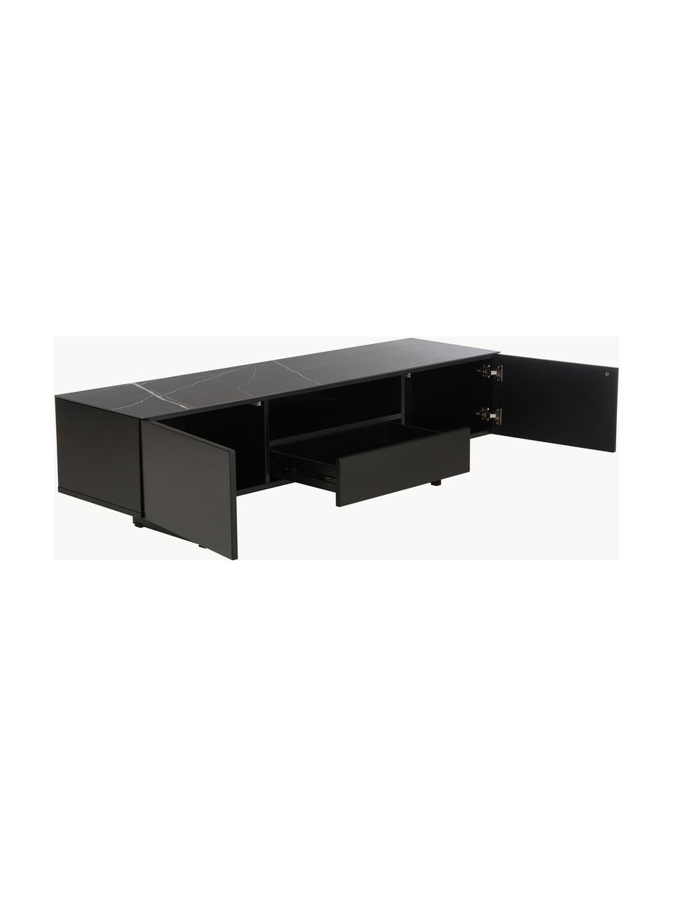 Meuble TV avec plateau aspect marbre Fiona, Noir, larg. 160 x haut. 46 cm